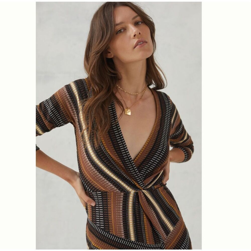 Anthropologie Maeve Midi Dress NWT Striped Wrap Knit Retro Brown XSP Zig Zag XS - Picture 4 of 15